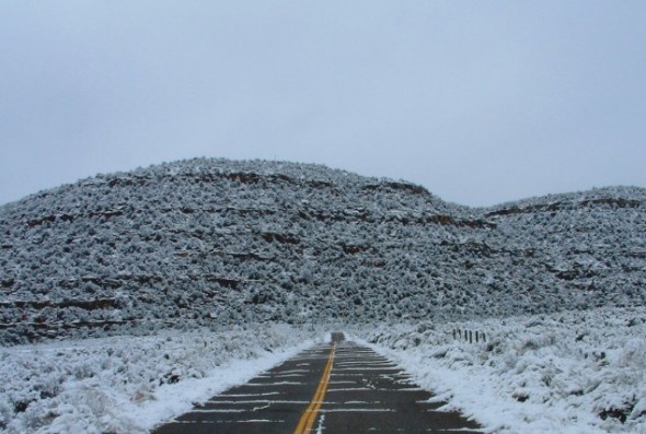 The road to the Simon Canyon day use area where snow squalls are known to bring on mayfly hatches in mid-winter.