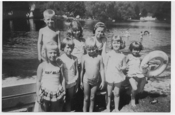 Growing up on Lake Lackawanna in the summer of 1959. From the left in the front row is Larry Johnson's twin sister, Candy, Jenny Ripp, Larry Johnson, Peggy Finnegan, and Cathy Ripp. In the rear row from the left is Steve Ripp, Karen Ripp and Carol Finnegan.