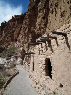 A reconstructed adobe and viga cliff dwelling at Bandelier National Monument in New Mexico.