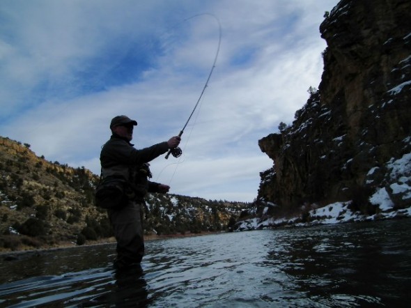 Angler casting in the shadow of a cliff  while fishing in the winter on the Chama river in northern New Mexico.