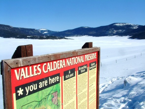 Valles Caldera National Preserve sign overlooking the meadows seen from NM 4.