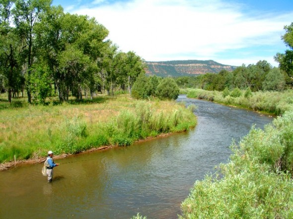 An angler on the Pecos River at the Pecos National Historical Monument.